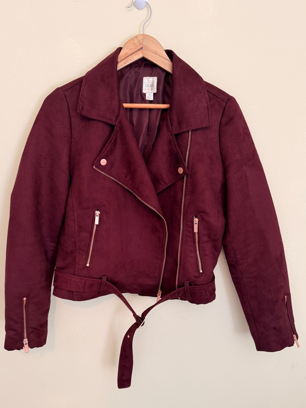 LC Lauren Conrad Runway | Burgundy Faux Suede Moto Jacket with Rose Gold Accents